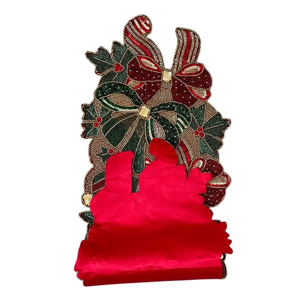 Nicole Miller Beaded Poinsettia Bow Table Runner 13x34 Pink Red Green New